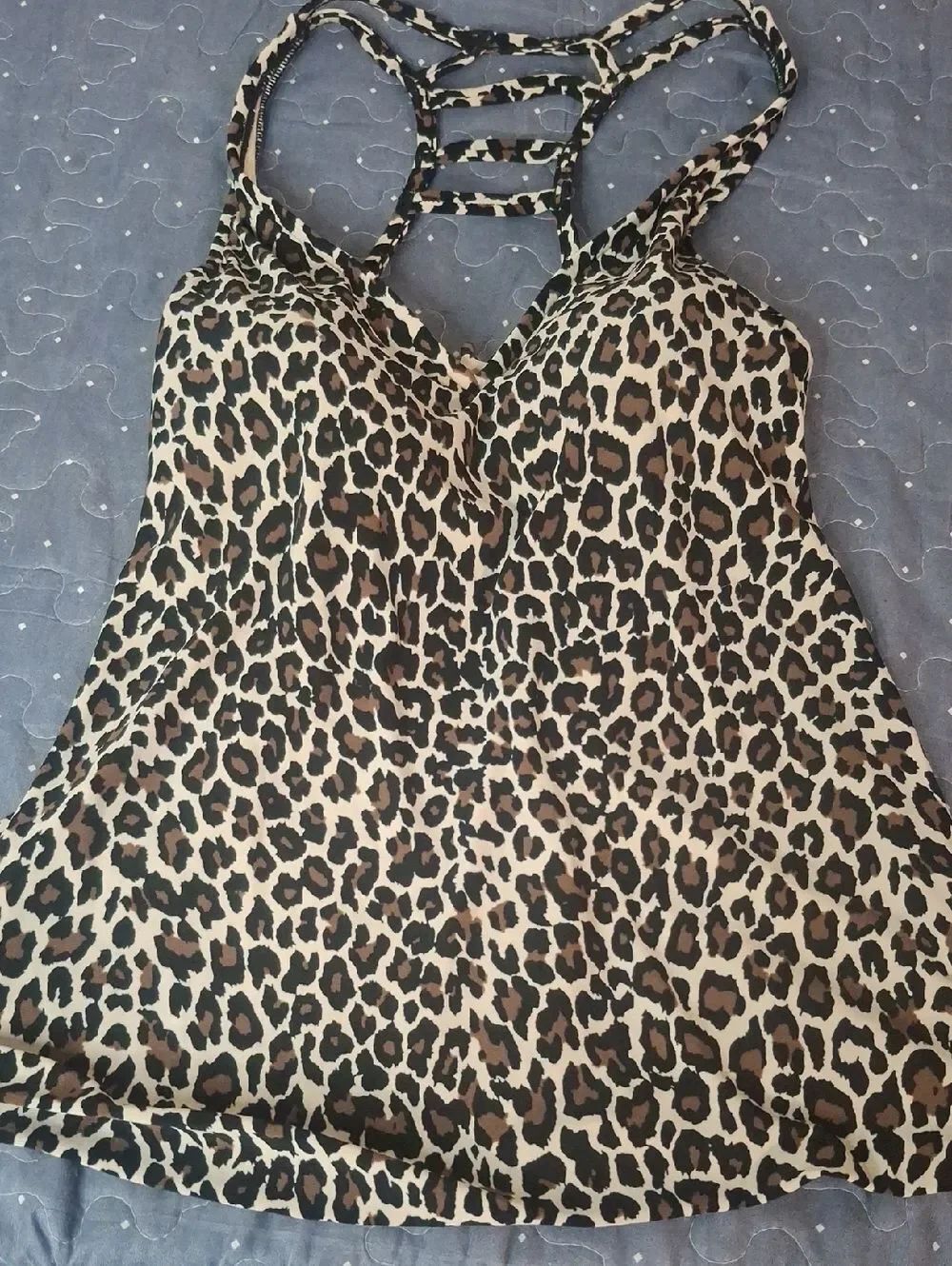 Aqua Green Leopard Print Strappy Women's Tankini Swim Top - Brown size small